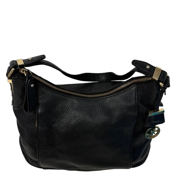 Michael Kors Bowery Black Pebbled Leather Hobo Bag Front Vertical Zip Pockets - Picture 4 of 14